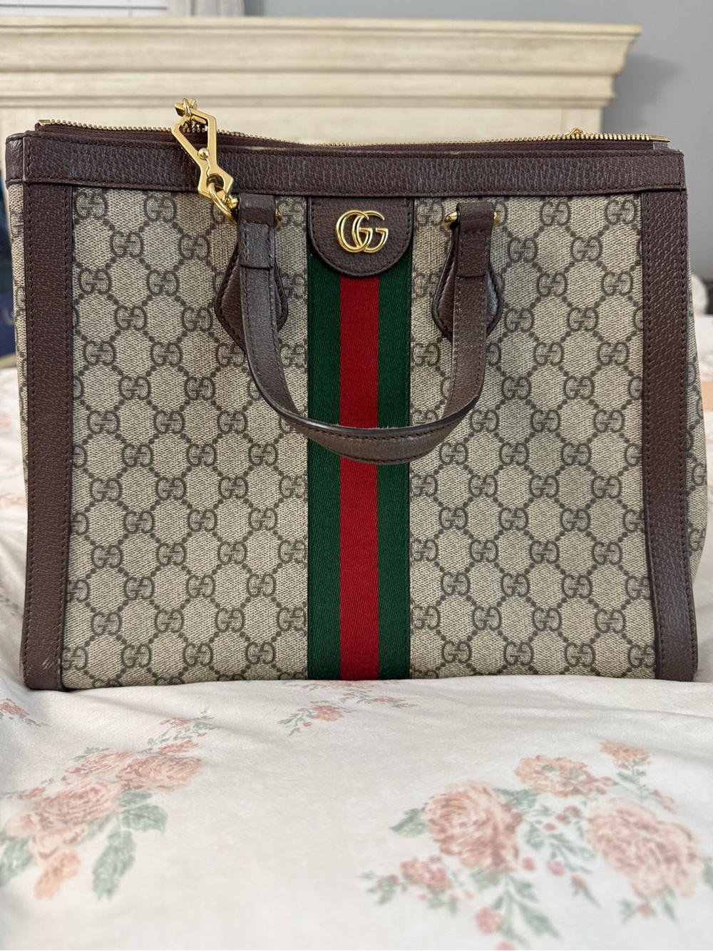 Gucci Brown & Beige GG Canvas Tote with Green-Red Web Stripe